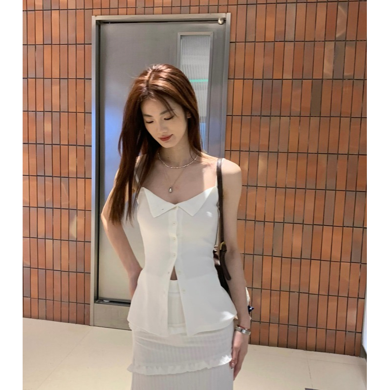 ZHELIHANGFEI Áo Hai Dây Dáng Ôm Ngắn Xẻ Tà Phối Nút Thời Trang Cho Nữ