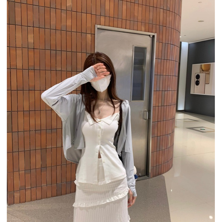 ZHELIHANGFEI Áo Hai Dây Dáng Ôm Ngắn Xẻ Tà Phối Nút Thời Trang Cho Nữ