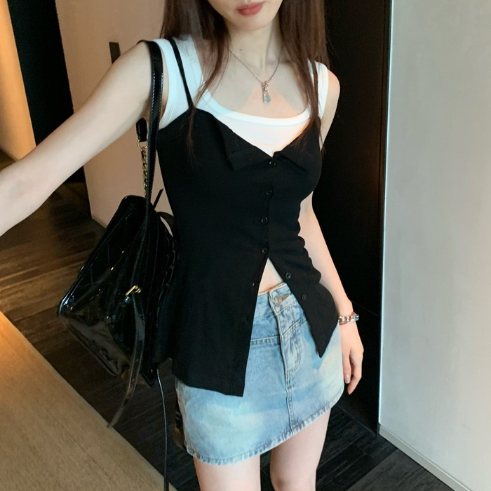 ZHELIHANGFEI Áo Hai Dây Dáng Ôm Ngắn Xẻ Tà Phối Nút Thời Trang Cho Nữ