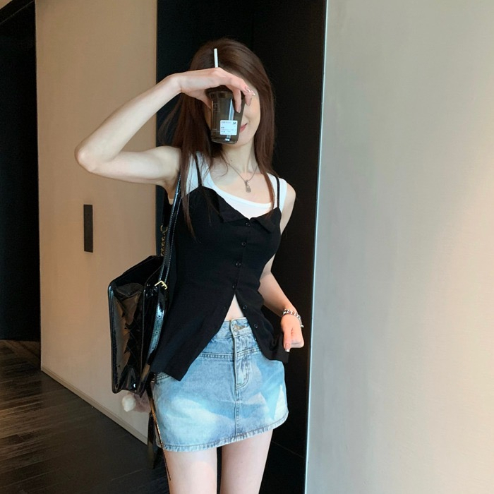 ZHELIHANGFEI Áo Hai Dây Dáng Ôm Ngắn Xẻ Tà Phối Nút Thời Trang Cho Nữ