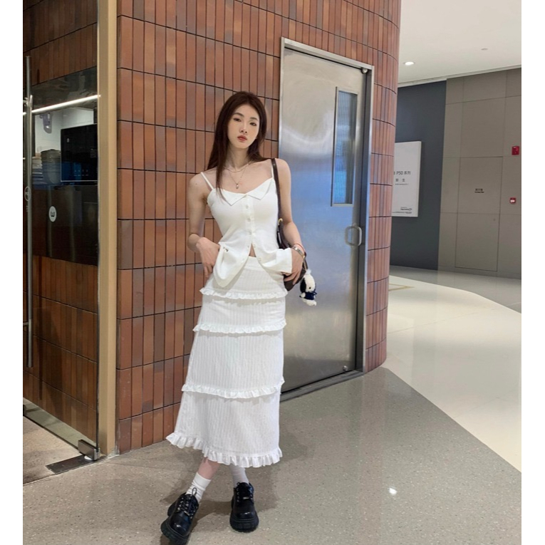 ZHELIHANGFEI Áo Hai Dây Dáng Ôm Ngắn Xẻ Tà Phối Nút Thời Trang Cho Nữ