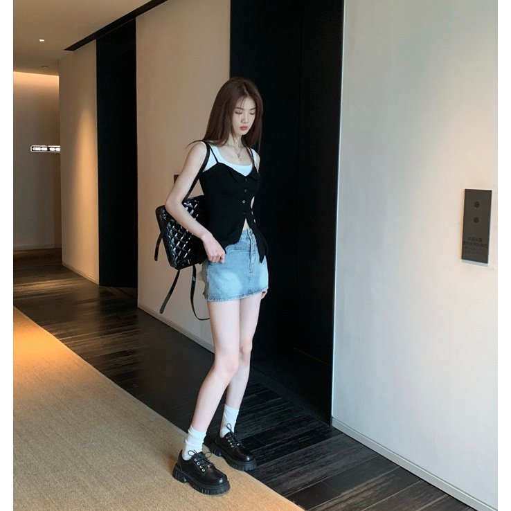 ZHELIHANGFEI Áo Hai Dây Dáng Ôm Ngắn Xẻ Tà Phối Nút Thời Trang Cho Nữ