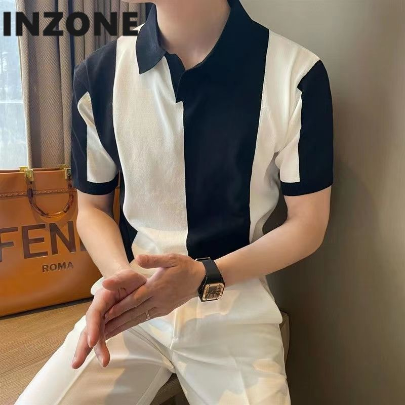 Áo Thun polo Dệt Kim Ngắn Tay Ôm Dáng Phối Màu Tương Phản Thời Trang Cho Nam