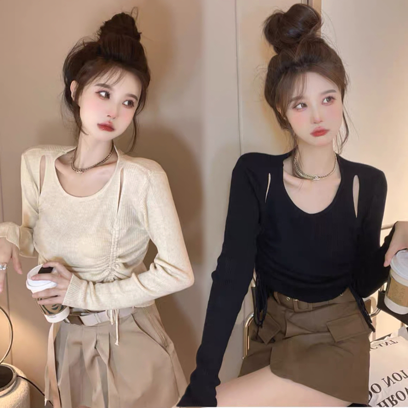 WANGJIAOZHAN Áo len dệt kim dài tay ngắn dây rút cho nữ