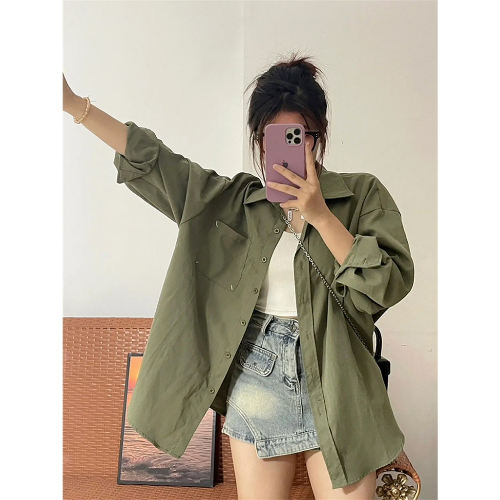 Áo Sơ Mi Tay Dài Màu Xanh Lá Mùa Thu Kiểu Pháp Mới Cho Nữ