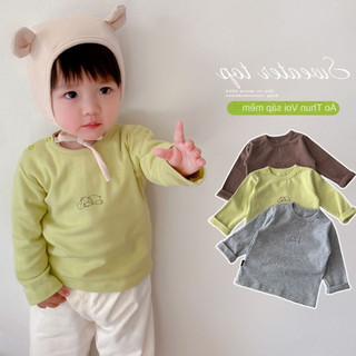 Áo thun peplum tay dài cổ tròn phối nút hở vai cho bé