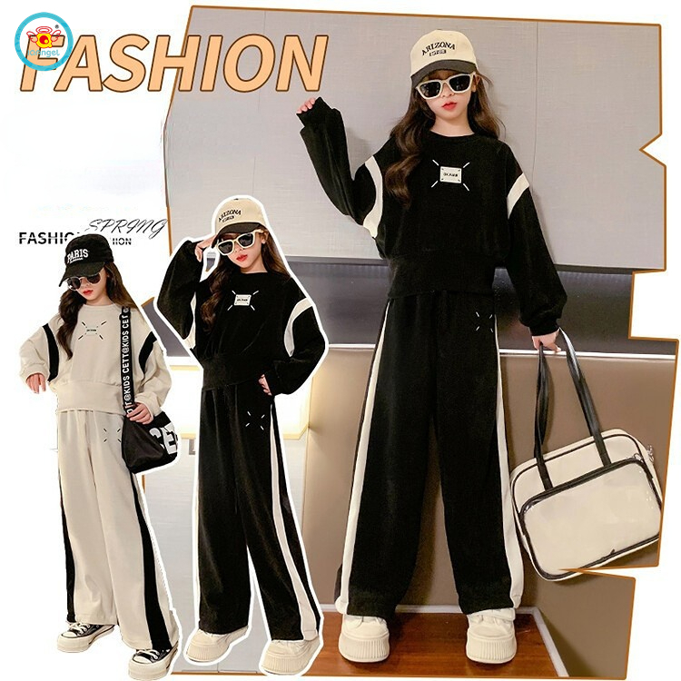 IQ Angel  set Áo Sweater Tay Dài Dáng Rộng Phối Quần ống rộng Màu Sắc Tương Phản Thời Trang Thu Đông Cho Bé Gái Trung Niên