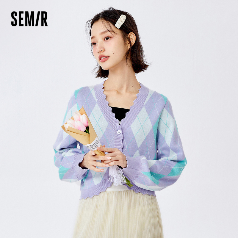 Semir Áo Khoác cardigan Ngắn Cổ Chữ v Phối Ren Màu Tương Phản Phong Cách retro 2023 Cho Nữ