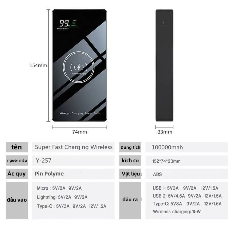 Pin Sạc Dự Phòng 22.5W100000mAh Tế Sang Trọng Chovới Màn Hình Thuật Số Sạc Không Dây