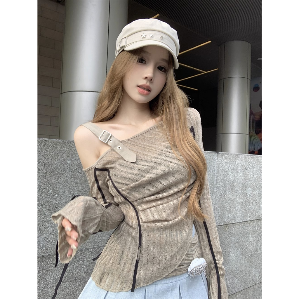 Áo Dệt Kim Tay Dài Trễ Vai Phong Cách vintage Thời Trang Dành Cho Nữ