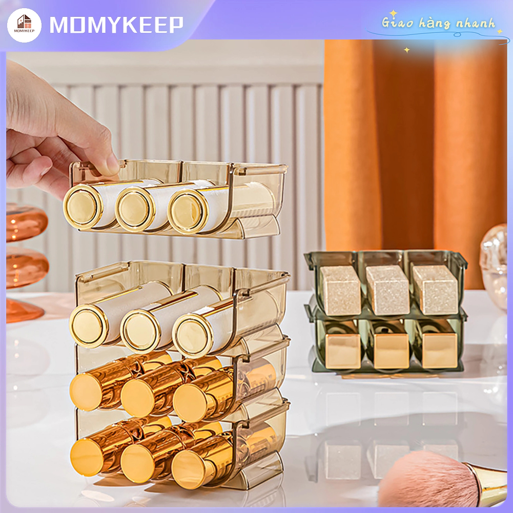 Hộp đựng son môi trong suốt có thể xếp chồng lên nhau với tủ gương Giá đựng son môi để bàn mẫu son môi nhiều lưới kệ đựng mỹ phẩm 3 lớp 【MOMYKEEP】