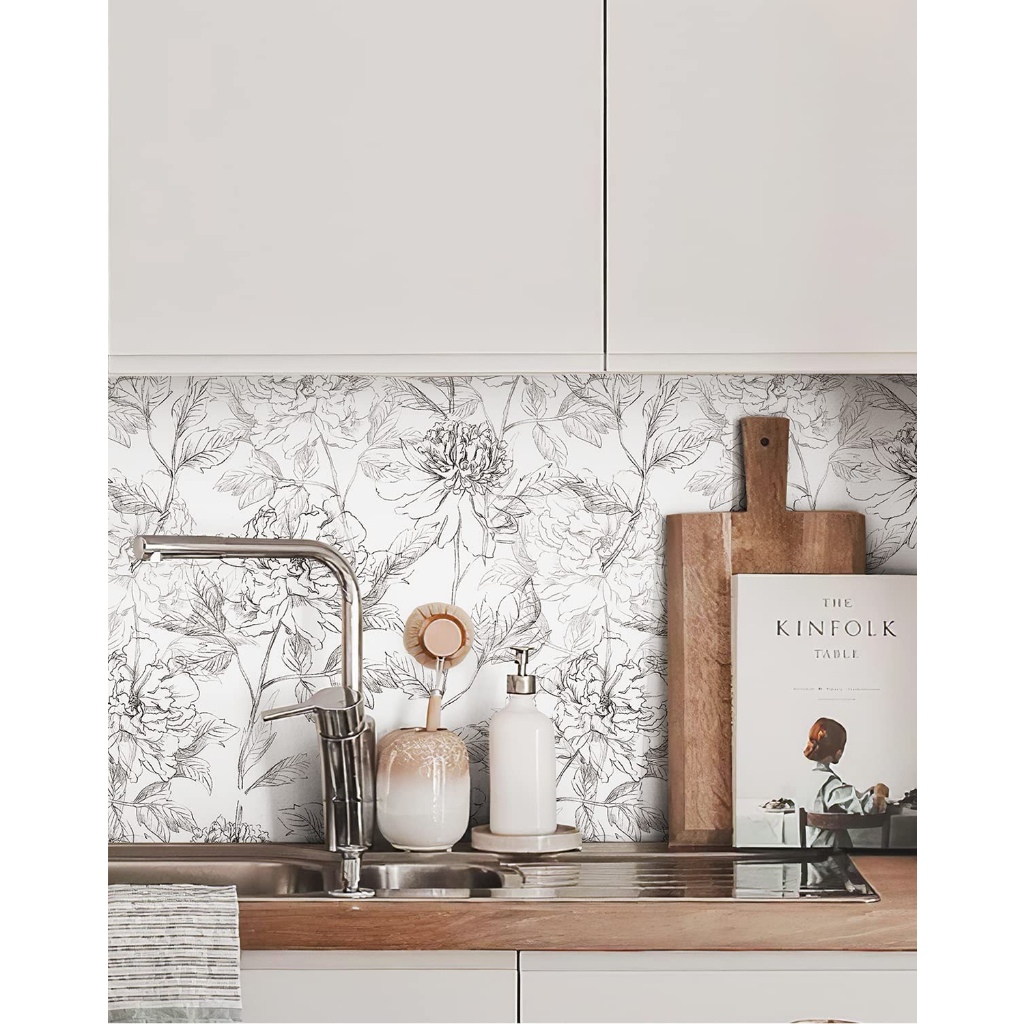 Đen Giấy Dán Tường Tự Dính Họa Tiết Hoa Mẫu Đơn 17.3 "x 39.4" Trang Trí Nội Thất
