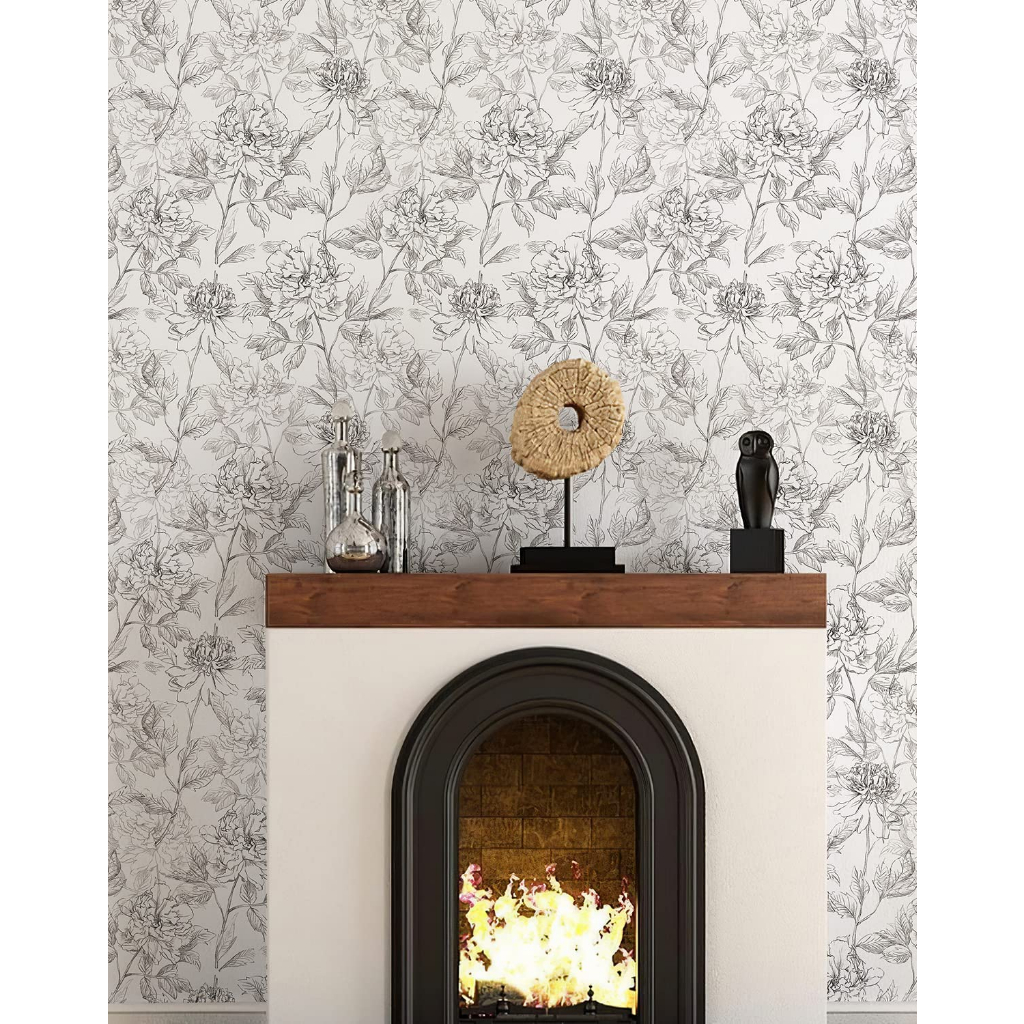 Đen Giấy Dán Tường Tự Dính Họa Tiết Hoa Mẫu Đơn 17.3 "x 39.4" Trang Trí Nội Thất
