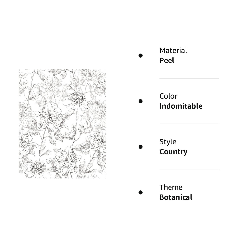 Đen Giấy Dán Tường Tự Dính Họa Tiết Hoa Mẫu Đơn 17.3 "x 39.4" Trang Trí Nội Thất