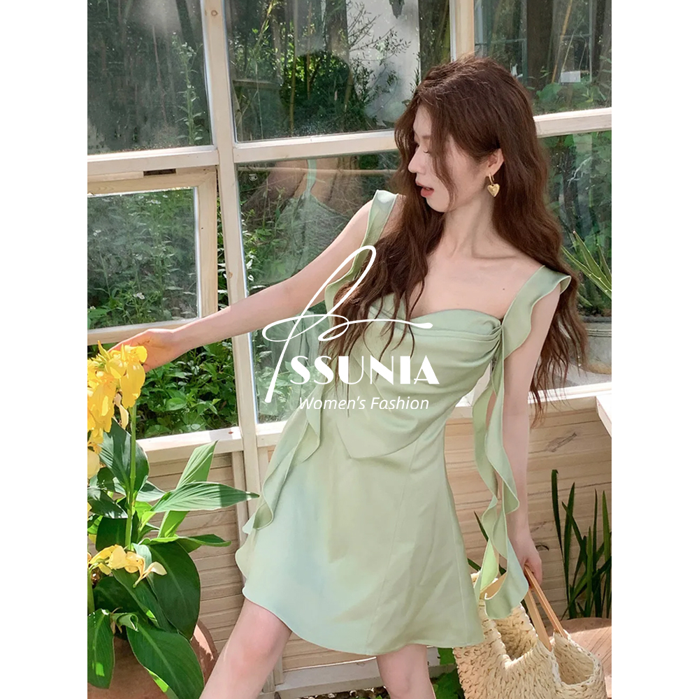 「SSUNIA」Đầm mini Không Tay Cổ Chữ v Viền Lá Sen Thời Trang Cho Nữ