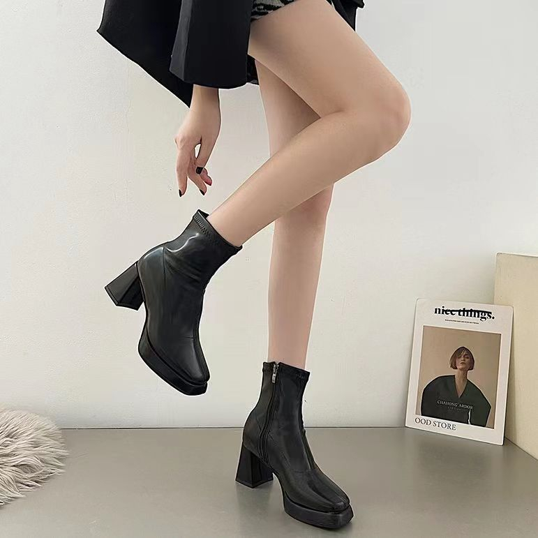 Giày Bốt martin Cao Gót Mũi Vuông Màu Đen Có Khóa Kéo Phong Cách Anh Quốc Thời Trang Mùa Thu 2023 Cho Nữ