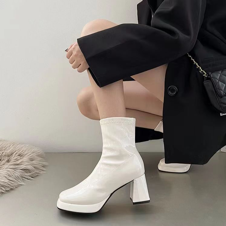 Giày Bốt martin Cao Gót Mũi Vuông Màu Đen Có Khóa Kéo Phong Cách Anh Quốc Thời Trang Mùa Thu 2023 Cho Nữ