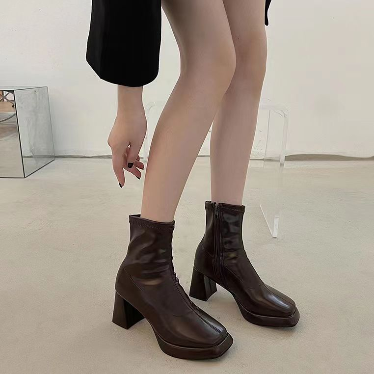 Giày Bốt martin Cao Gót Mũi Vuông Màu Đen Có Khóa Kéo Phong Cách Anh Quốc Thời Trang Mùa Thu 2023 Cho Nữ