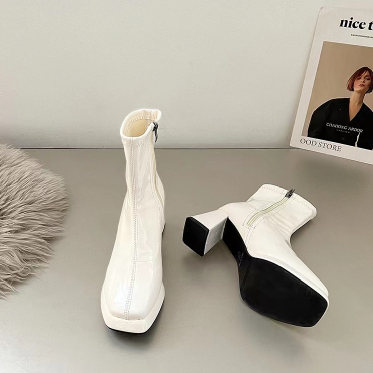 Giày Bốt martin Cao Gót Mũi Vuông Màu Đen Có Khóa Kéo Phong Cách Anh Quốc Thời Trang Mùa Thu 2023 Cho Nữ