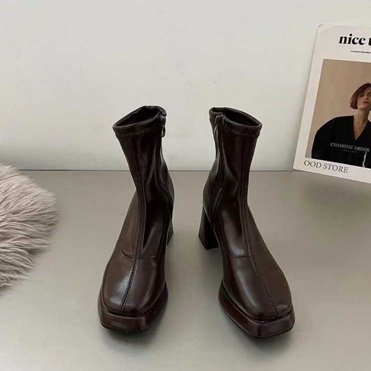 Giày Bốt martin Cao Gót Mũi Vuông Màu Đen Có Khóa Kéo Phong Cách Anh Quốc Thời Trang Mùa Thu 2023 Cho Nữ