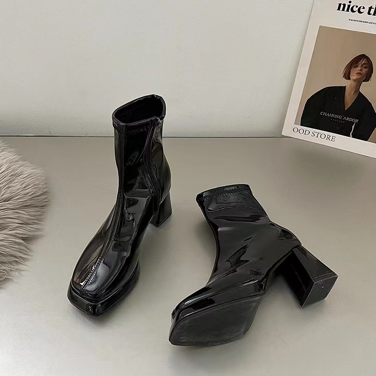 Giày Bốt martin Cao Gót Mũi Vuông Màu Đen Có Khóa Kéo Phong Cách Anh Quốc Thời Trang Mùa Thu 2023 Cho Nữ