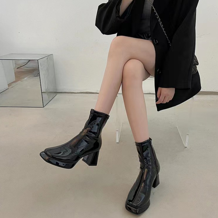 Giày Bốt martin Cao Gót Mũi Vuông Màu Đen Có Khóa Kéo Phong Cách Anh Quốc Thời Trang Mùa Thu 2023 Cho Nữ