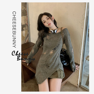 CheeseBunny Áo Dệt Kim Mỏng Dáng Rộng Màu Xám Kiểu Mới Thời Trang Mùa Hè Cho Nữ Y2K，Áo Thun Dệt Kim