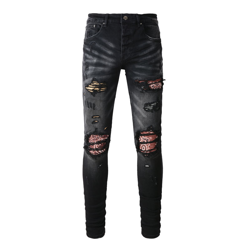 AMIRI High Street Fashion New Men Jeans Black Vintage Tight Printing Patch High Quality Button Men Hip Hop Jeans