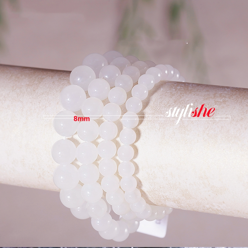 Vòng Tay Chuỗi Hạt Đá Ngọc Bích 8mm Màu Trắng Thời Trang Cho Nam / Nữ