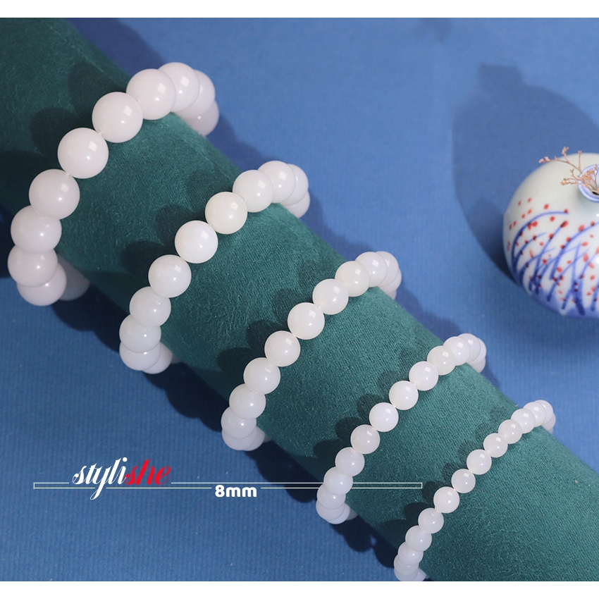 Vòng Tay Chuỗi Hạt Đá Ngọc Bích 8mm Màu Trắng Thời Trang Cho Nam / Nữ