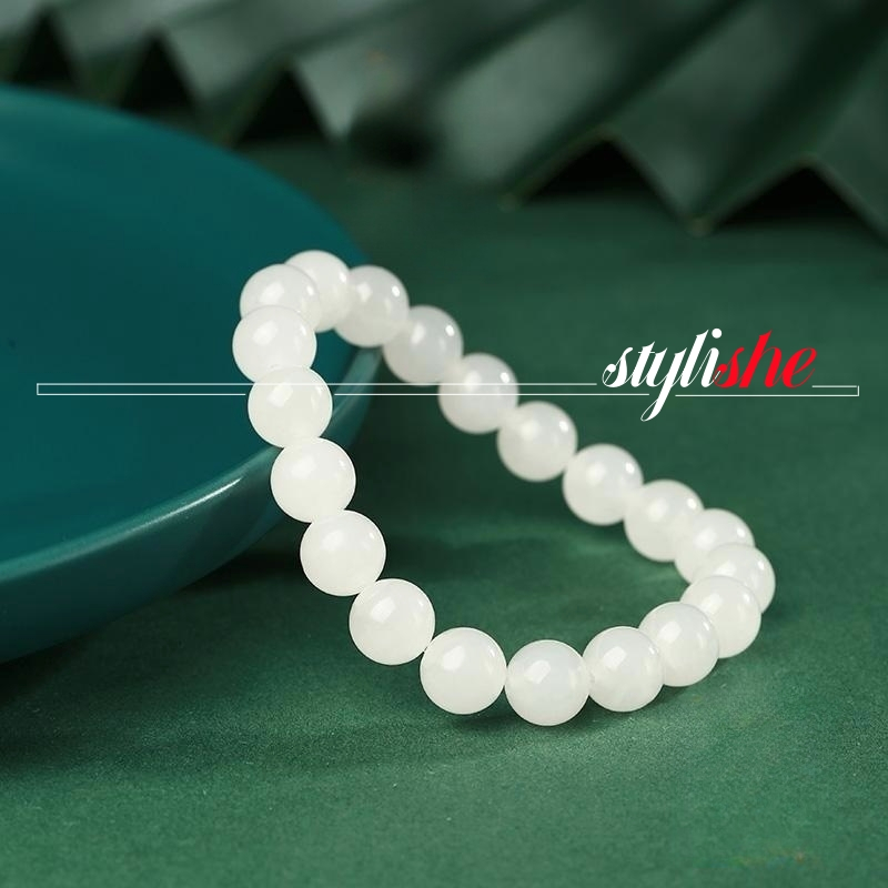 Vòng Tay Chuỗi Hạt Đá Ngọc Bích 8mm Màu Trắng Thời Trang Cho Nam / Nữ