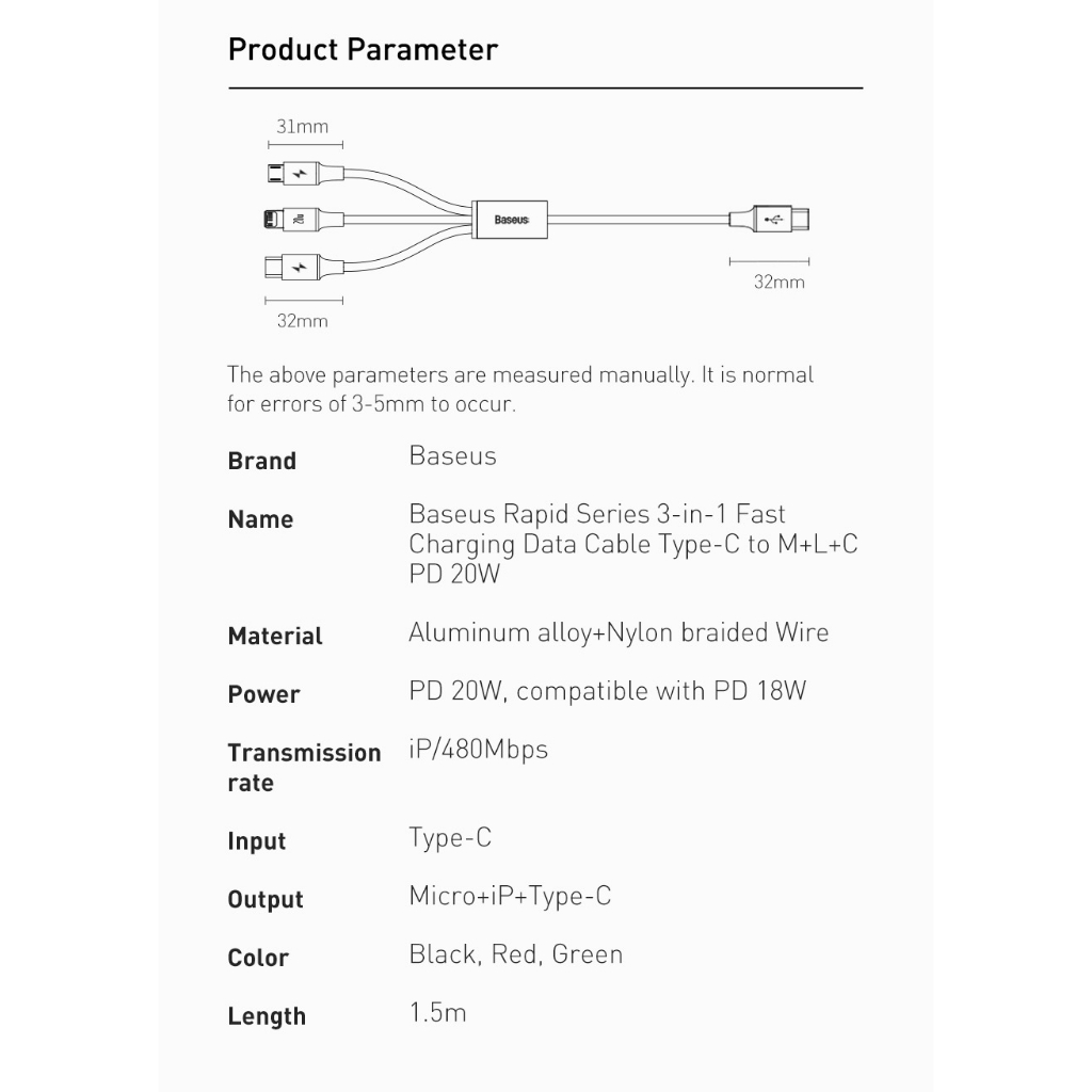 Baseus Dây Cáp Sạc 20w 1.5m pd 3 Trong 1 usb type c Cho iphone 14 12 xs max macbook ipad pro samsung xiaomi micro usb