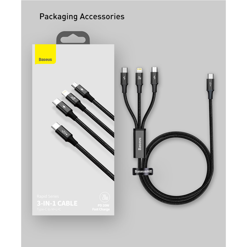 Baseus Dây Cáp Sạc 20w 1.5m pd 3 Trong 1 usb type c Cho iphone 14 12 xs max macbook ipad pro samsung xiaomi micro usb