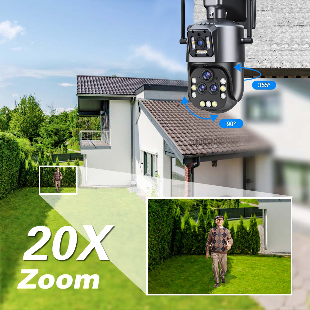 LLSEE-20X Zoom quang học - Camera WiFi không dây ngoài trời - Camera 2 mắt 360 độ kết nối xoay điện thoại di động - Theo dõi di động - Nói chuyện hai chiều - Chống nước - Màu - 8.0MP-4K
