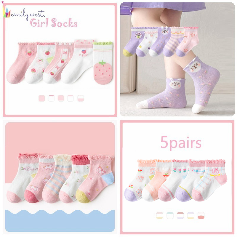 Set 5 Đôi Vớ Cotton Cao Cấp Phối Lưới In Họa Tiết Hoạt Hình Chú Thỏ Dễ Thương Thời Trang Mùa Hè Cho Bé Gái Mẫu Giáo 1-12 Tuổi Mẫu Giáo 20