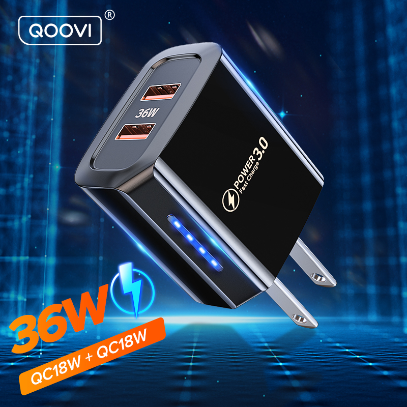 Củ sạc nhanh QOOVI 36W 3A hai cổng USB QC 3.0 có đèn LED cho điện thoại di động