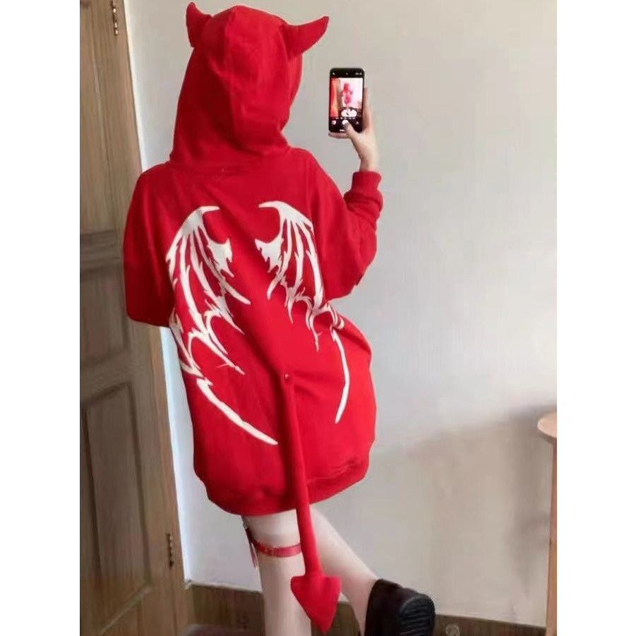 Ruo Bei  Xuan   Áo sweater Có Mũ Trùm Đầu Và Đuôi Quỷ Nhỏ Thiết Kế Mới Phong Cách Mỹ Thời Trang Thu Đông Cho Nữ