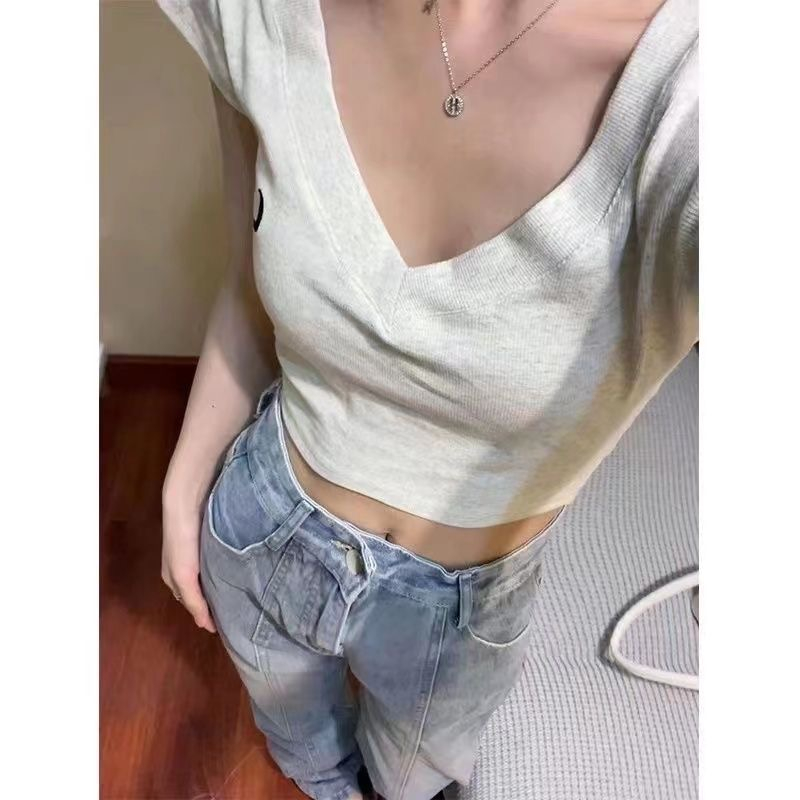 Ethelgirl Áo Thun Lửng Ngắn Tay Cổ Chữ V Thêu Hoa Quyến Rũ Cho Nữ