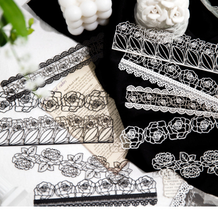 Set 10 Miếng Dán Dài Họa Tiết Ren Trắng Đen Phong Cách vintage Trang Trí Sổ Tay diy