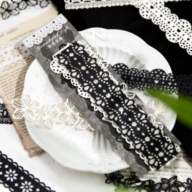 Set 10 Miếng Dán Dài Họa Tiết Ren Trắng Đen Phong Cách vintage Trang Trí Sổ Tay diy