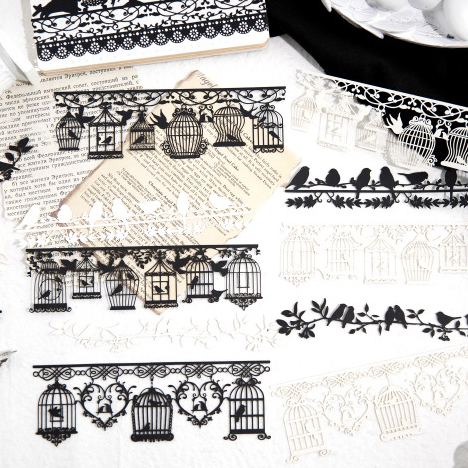 Set 10 Miếng Dán Dài Họa Tiết Ren Trắng Đen Phong Cách vintage Trang Trí Sổ Tay diy