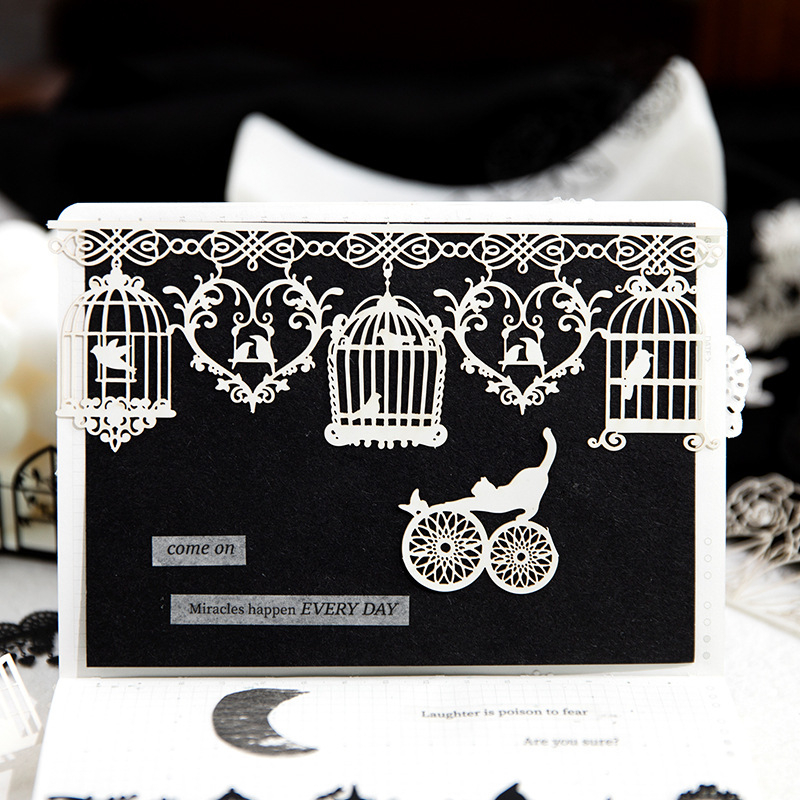 Set 10 Miếng Dán Dài Họa Tiết Ren Trắng Đen Phong Cách vintage Trang Trí Sổ Tay diy