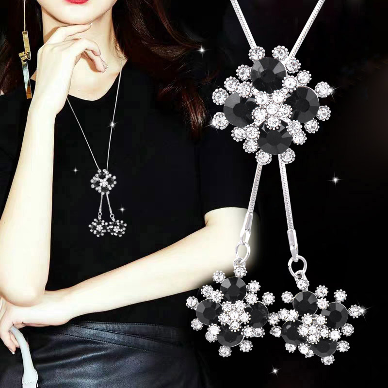 Sinleery Vòng cổ Dài Mặt Hoa Zircon Trắng Đen Có Thể Điều Chỉnh Độ Dài my361 Cho Nữ