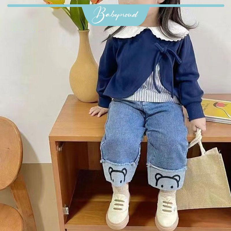 BABEPROUD Quần Jean Dài Ống Rộng In Hình Gấu Dễ Thương Cho Bé Gái Từ 0-5 Tuổi