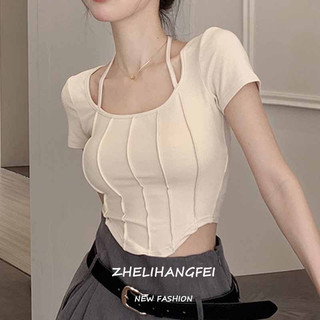 ZHELIHANGFEI Áo Sơ Mi Trắng Tay Ngắn Cổ Vuông Thiết Kế Xương Cá Độc Đáo Thời Trang Cho Nữ
