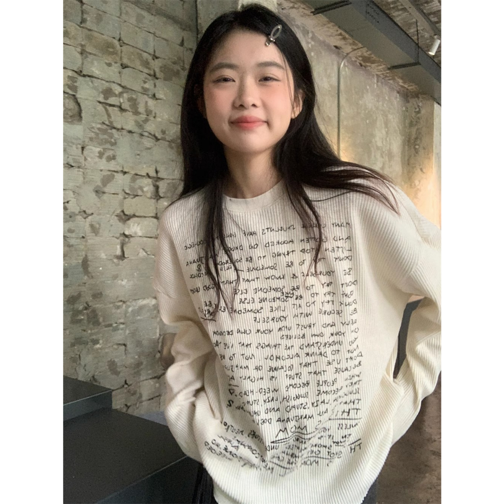 kumikumi HUANG YOYO Áo Croptop Thun Nữ Dài Tay Cổ Tròn In Chữ Thời Trang Hàn Quốc