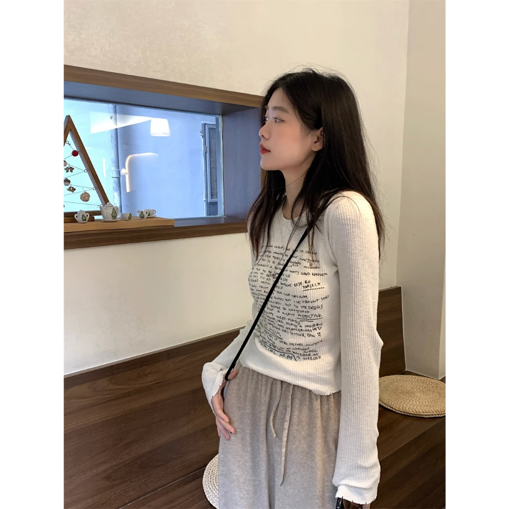kumikumi HUANG YOYO Áo Croptop Thun Nữ Dài Tay Cổ Tròn In Chữ Thời Trang Hàn Quốc