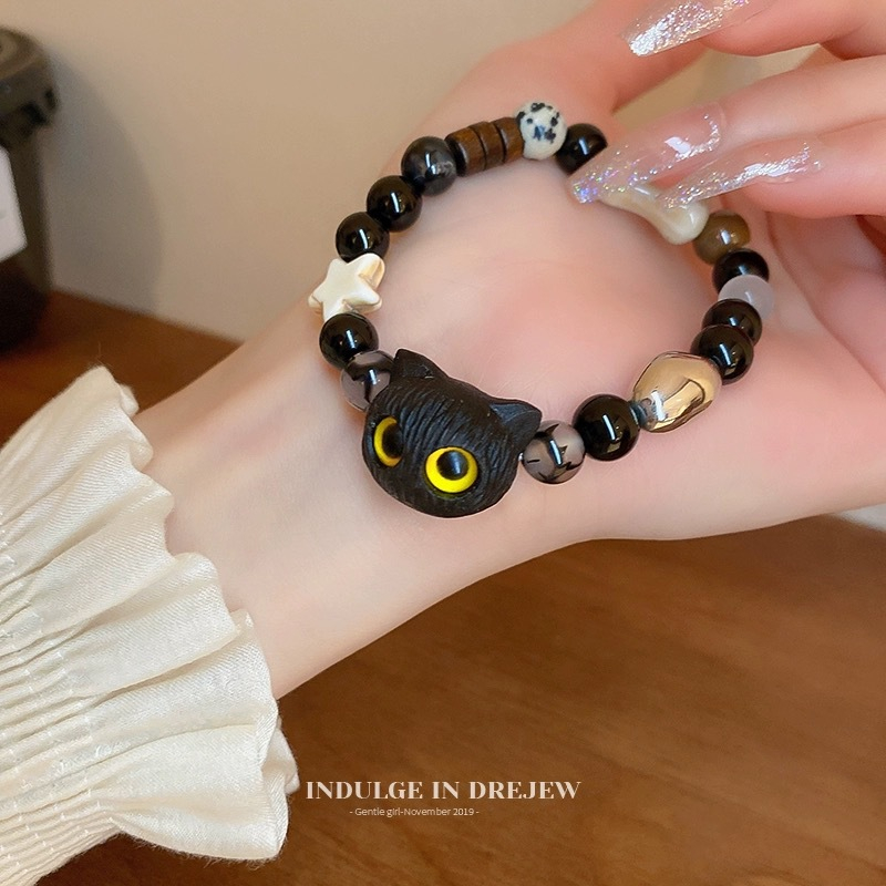 Dễ Thương Vòng Tay Chuỗi Hạt Mặt Mèo Đen Hoạt Hình Thủ Công Dành Cho Nữ