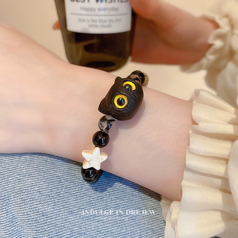 Dễ Thương Vòng Tay Chuỗi Hạt Mặt Mèo Đen Hoạt Hình Thủ Công Dành Cho Nữ