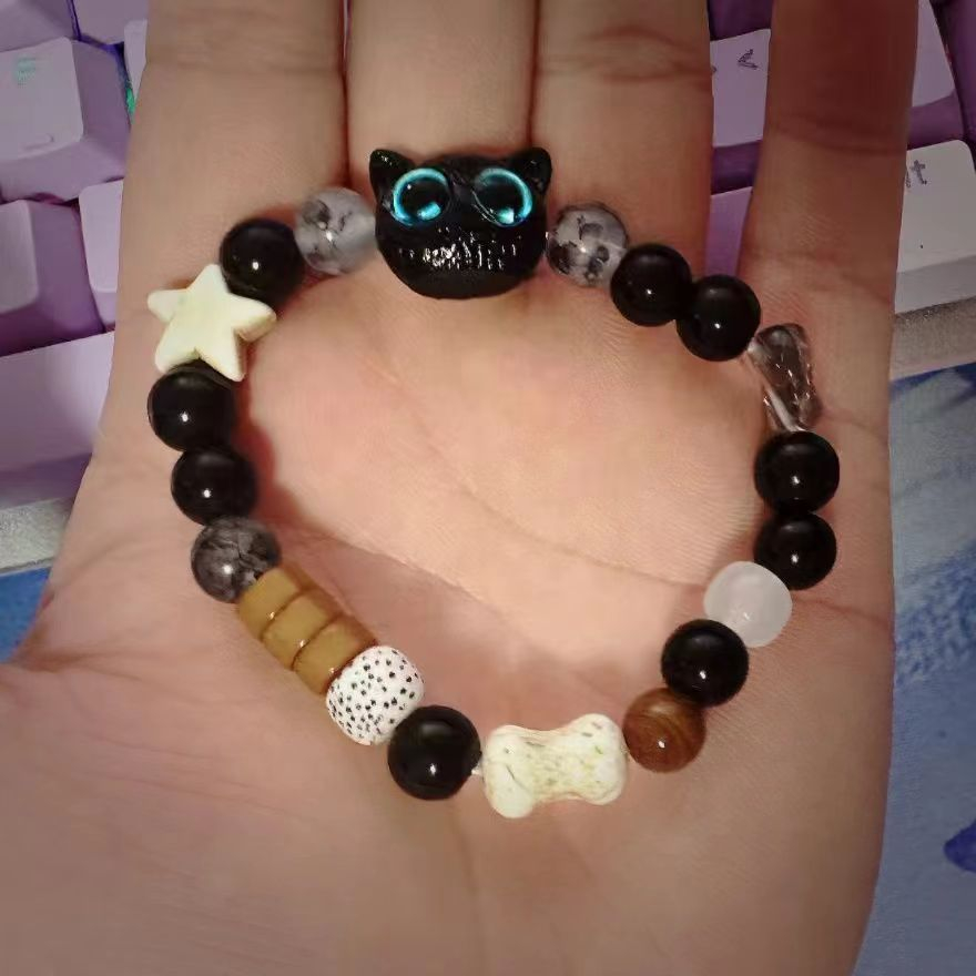 Dễ Thương Vòng Tay Chuỗi Hạt Mặt Mèo Đen Hoạt Hình Thủ Công Dành Cho Nữ